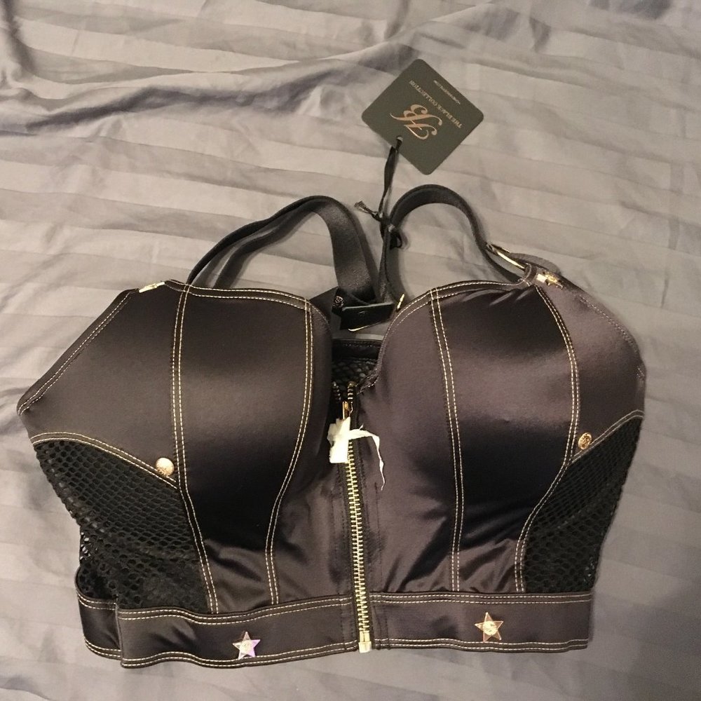 NWT Honey Birdette BRONNIE Black satin Longline Zip Front BUSTIER